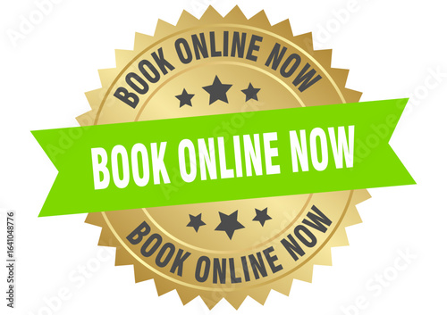 book online now. book online now round green and gold label isolated on transparent background