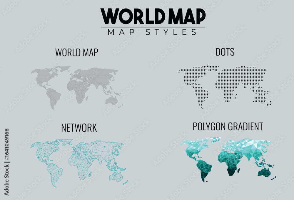 Naklejka premium World Map Four style maps in one frame on grey background