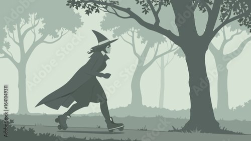 Silhouette of a witch on roller skates skating through a foggy forest with trees and foliage around her