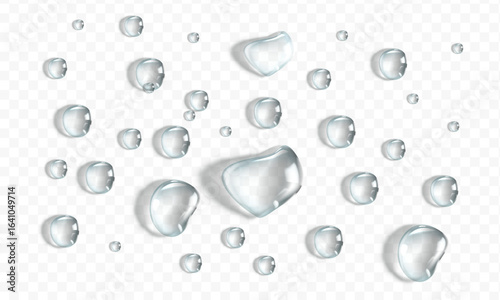 Realistic water drops. PNG drops, condensation on the window, transparent water drop. Abstract water drops, bubbles on transparent background, digital liquid design, Stock royalty free. 