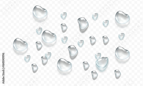 Realistic water drops. PNG drops, condensation on the window, transparent water drop. Abstract water drops, bubbles on transparent background, digital liquid design, Stock royalty free. 