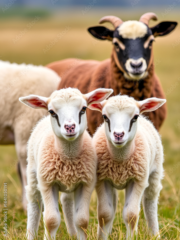 Fototapeta premium Lambs, domestic sheep (Ovis orientalis aries) young animals, Nature reserve Wedel Marsh, Wedel, California, Germany, Europe