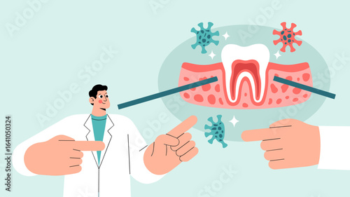 dentist explaining gum health and bacterial effects vector illustration