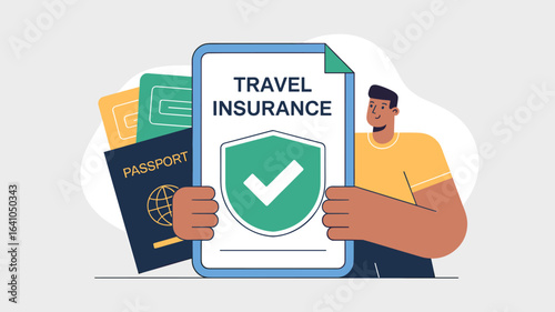 traveler holding a travel insurance policy document vector illustration 