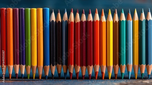 Multiple Colored Pencils Arranged on a Dark Blue Background, with Rich Colors (Red, Orange, Yellow, Green, Blue, Purple, etc.) and Neat Pen Tips, Showing the Diversity and Exquisiteness of Stationery.