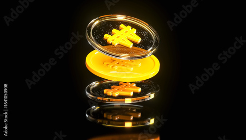 Fotografi Futuristic yellow transparent glass Won Coins on dark background – 3D Digital Cu