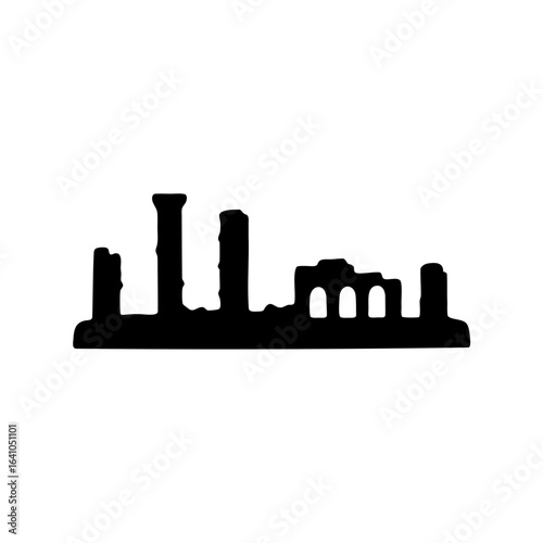 Silhouette of ancient ruins showing remnants of architecture in a solid black shape