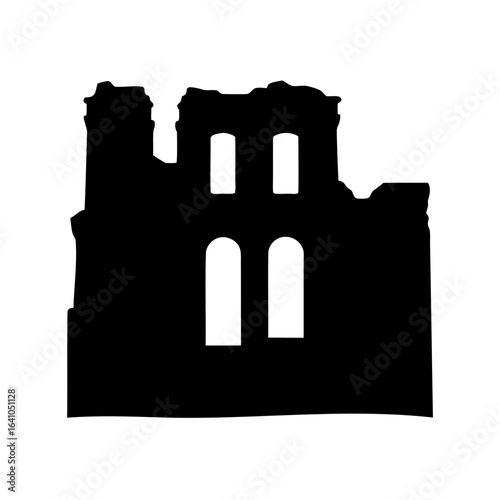 Silhouette of a crumbling building with arches and windows, isolated on white