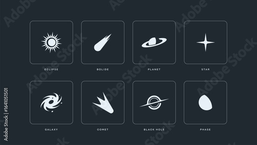 Space. Eight vector icons: eclipse, fireball, planet, star, galaxy, comet, black hole, phase