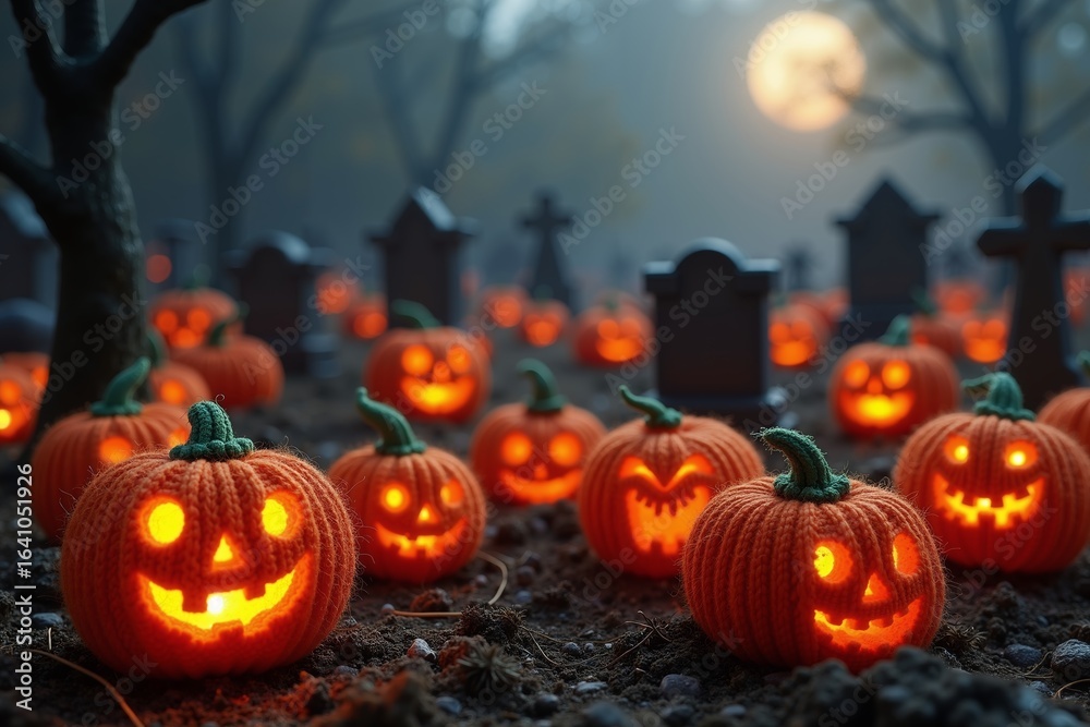 Fototapeta premium Halloween Background With Glowing Pumpkins, Spooky Graveyard, and Eerie Moonlit Atmosphere