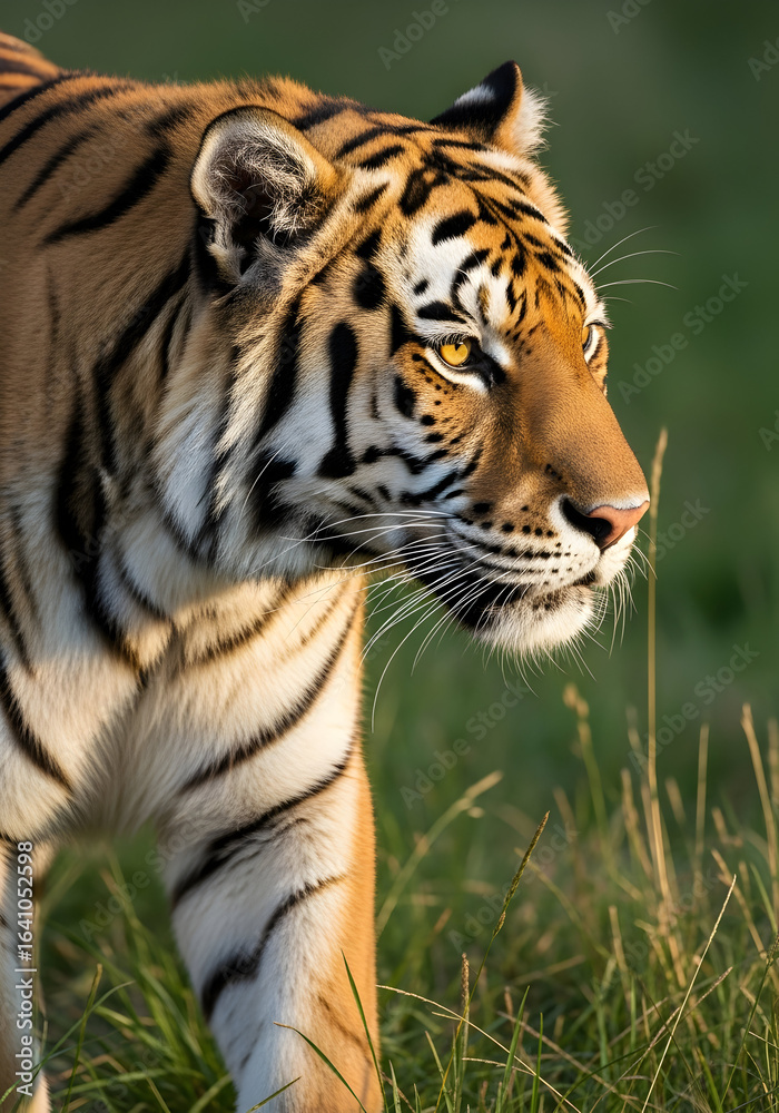 Fototapeta premium Majestic Bengal Tiger Portrait in Natural Habitat, Striking Gaze, Wildlife