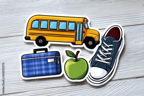 Colorful School Bus with Bright Apple and Trendy Shoes on the Ground Evoking a Playful Back to School Atmosphere Filled with Learning Excitement