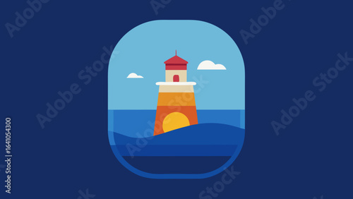 A lone white lighthouse stands as a beacon of safety on a dark coastline, its light cutting through the night sky