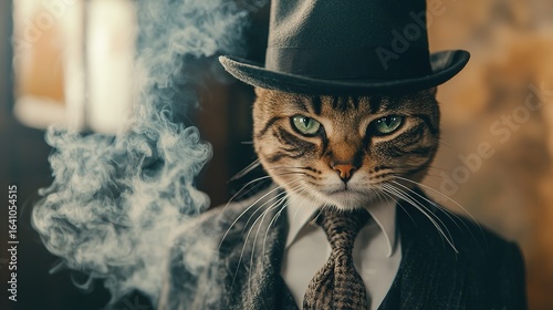 A cool cat in a 1920s gangster costume, fedora tilted, puffing smoke with a confident glare.