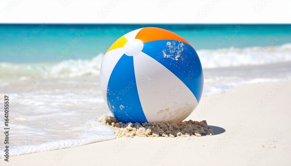 Obraz premium Colorful beach ball partially buried in the sand with the turquoise ocean and gentle waves creating a beautiful, bright, and inviting tropical summer scene.
