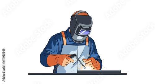 Welder performing welding on metal structure with safety helmet gears