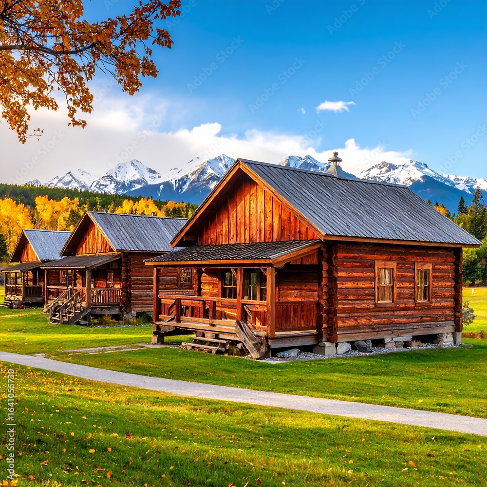 Fototapeta premium Autumn cabins nestled in mountains