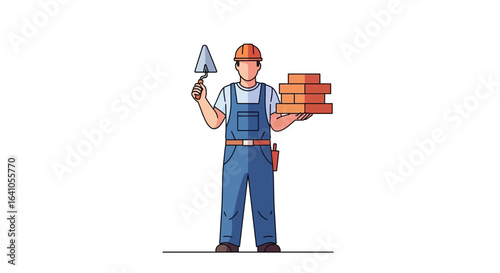 Construction Worker Illustration with Brick and Trowel on White Backdrop