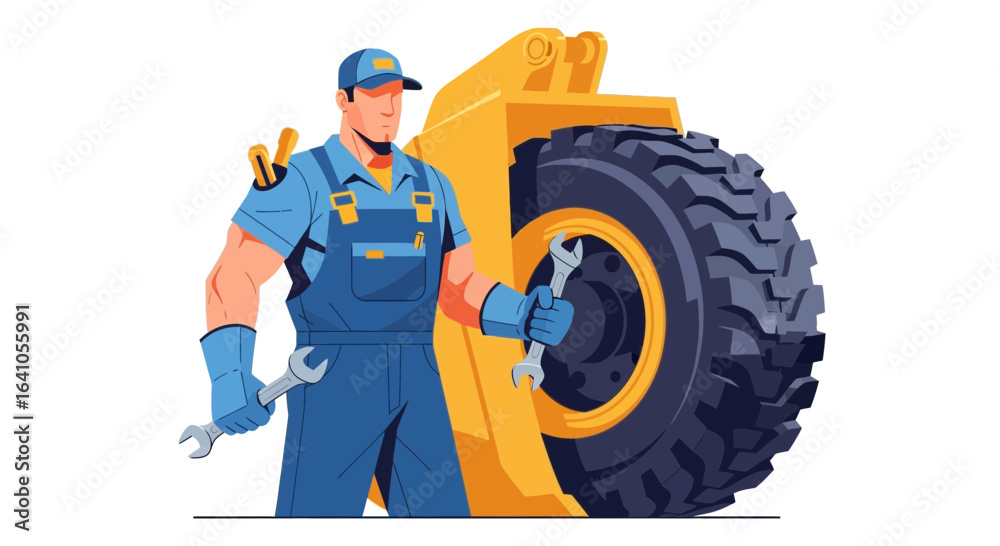 Fototapeta premium Illustrated Mechanic Standing Next to Bulldozer Tire Holding Two Wrenches
