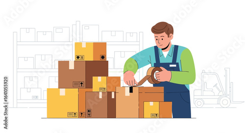 Efficient warehouse operations shown by worker preparing cardboard packages