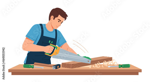 Focused craftsman sawing wood with hand saw at workbench illustration