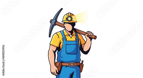 Illustrated faceless worker with pickaxe and glowing helmet on white backdrop