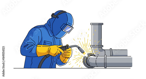 Illustrative welder professionally joining pipes with protective safety gear