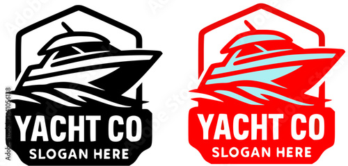 Two yacht company logos featuring a boat on water with a customizable slogan.