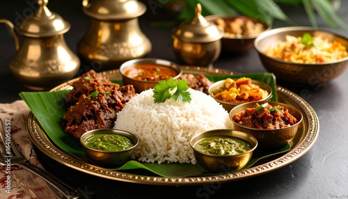 A traditional Indian food thali featuring an assortment of spicy curries, chutneys, and steamed rice served on an ornate brass plate.