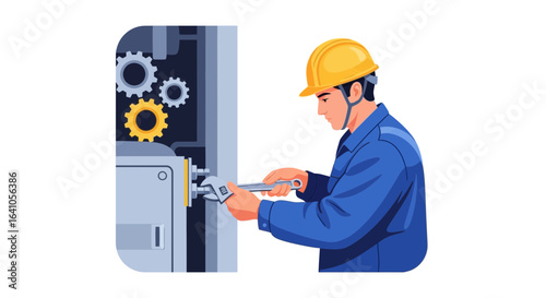 Professional mechanic repairing a industrial machine with safety gears and tools