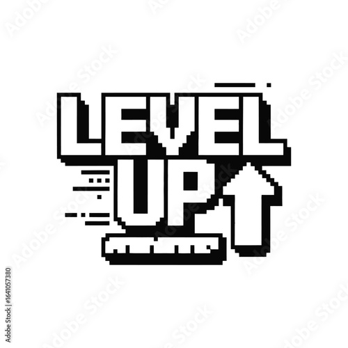 Pixelated Level Up Text with Arrow for Gaming and Progress