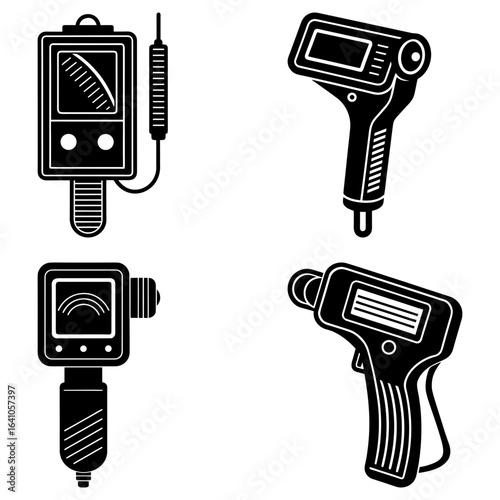 Four black and white illustrations of different types of measuring tools on a white background display devices