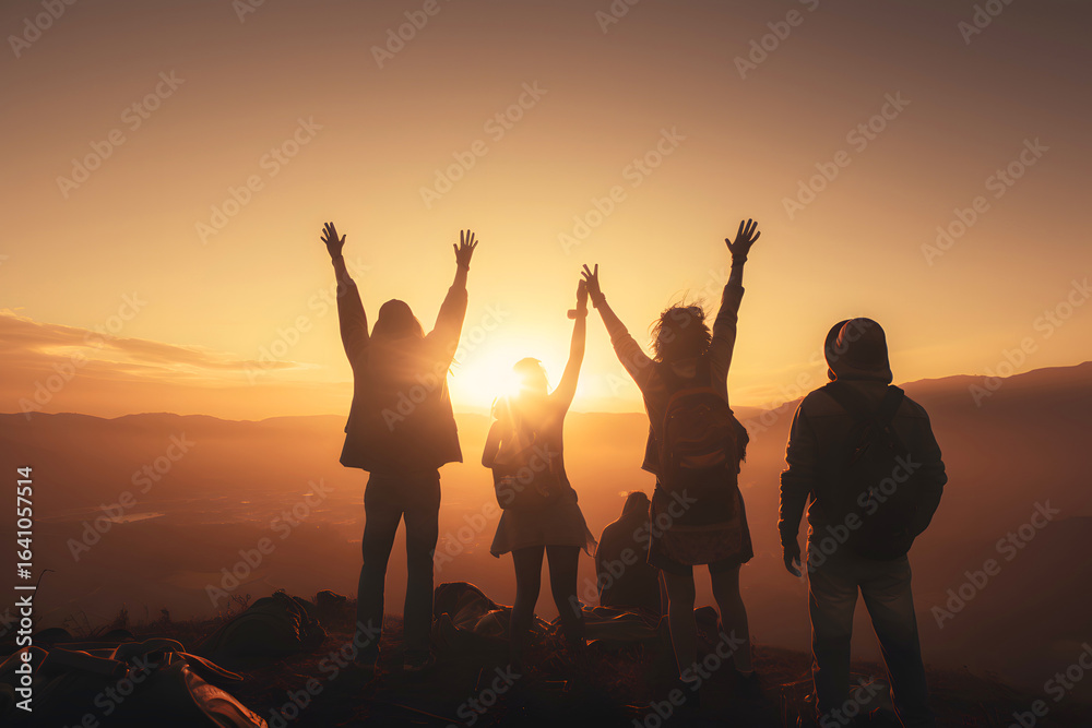 Fototapeta premium People celebrating sunset on mountaintop with arms raised during golden hour in a scenic landscape