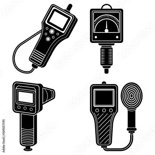 Illustration showing four different black and white measuring devices with screens and dials displayed