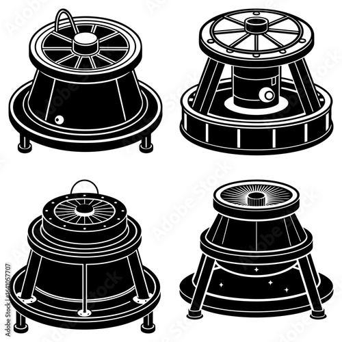 Four isometric black and white illustrations of stylized mechanical winches on a white background