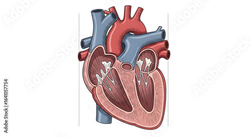 Detailed Anatomical Illustration of Human Heart, Cross-Section View, Medical Diagram.