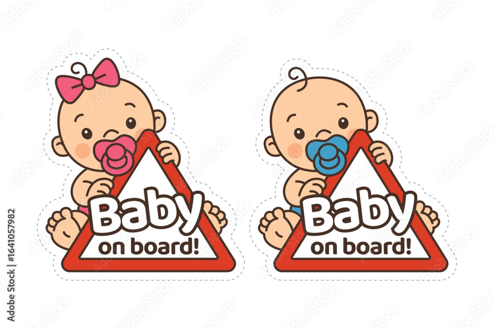 Twin Cartoon Baby on Board! Car Decals – Red Triangle Safety Signs with Boy and Girl Baby Characters Twin Cartoon Baby on Board! Car Decals – Red Triangle Safety Signs with Boy and Girl Baby Characters