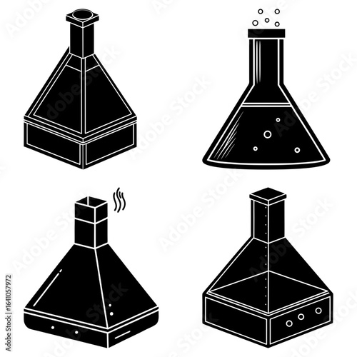 Illustration showing four different extractor hoods and a flask with bubbles in a black and white design