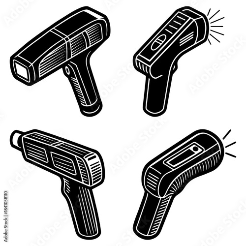 Four stylized black and white illustrations of handheld scanners in various isometric views
