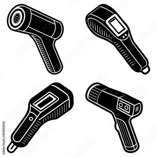 Illustration of four different contactless infrared thermometers in black and white style design vector