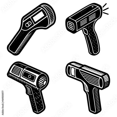 Illustration of four infrared thermometers with varying designs and black and white color scheme style