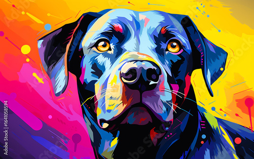 A colorful painting of a black Labrador retriever.