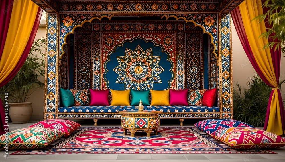 Fototapeta premium Pakistani mehndi stage with truck art backdrop and colorful cushions