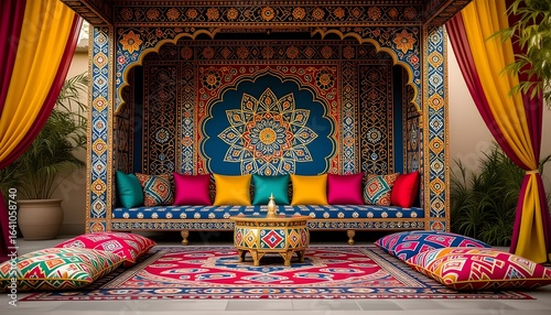 Pakistani mehndi stage with truck art backdrop and colorful cushions