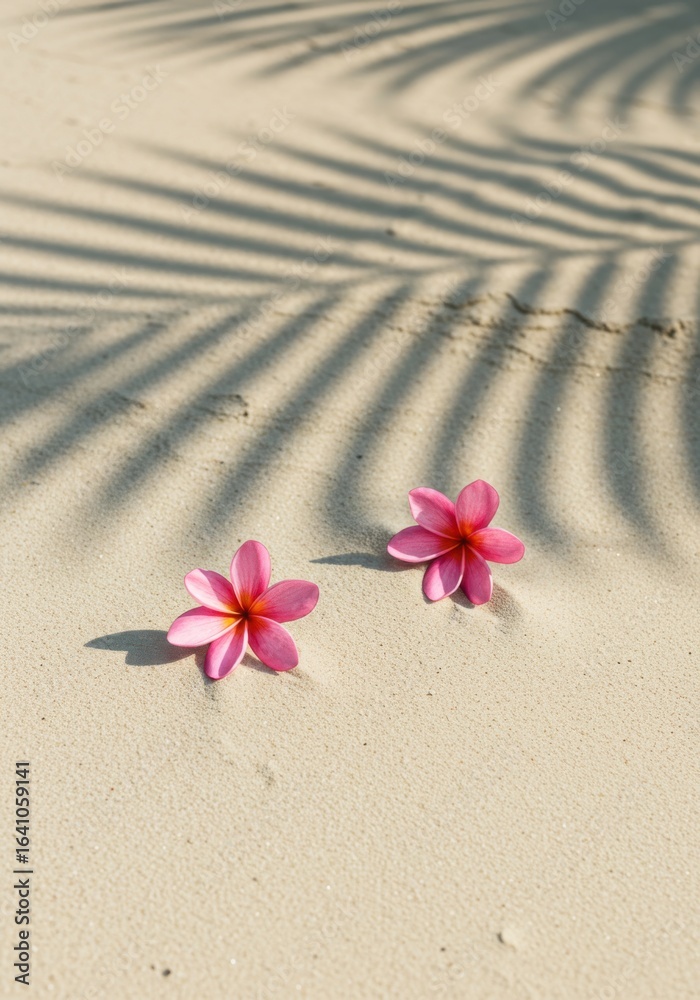 Tropical Pink Plumeria Flowers on Rippled White Sand Beach Tropical Pink Plumeria Flowers on Rippled White Sand Beach