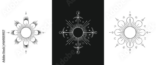 Collection of three abstract celestial starburst and geometric symbols with a grunge texture, isolated on white and black backgrounds