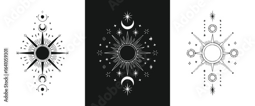 Set of three celestial and mystical symbols featuring sun, moon, and stars in artistic, handdrawn, and graphic illustration styles