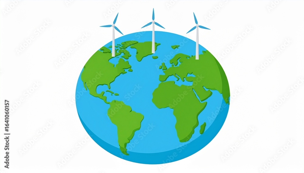 Naklejka premium Planet Earth with wind turbines on top, a concept for sustainable power, clean electricity, and global environmental care.