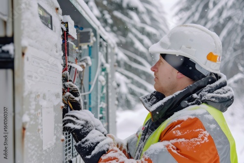 Electrical engineer repairing outdoor equipment in snowy weather