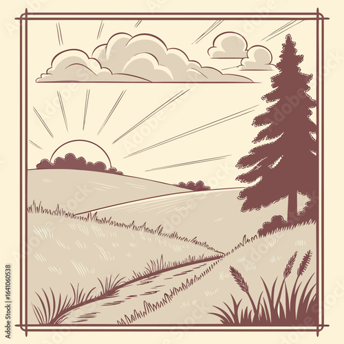 Vintage postcard aesthetic slightly faded pastel colors illustrated clouds and sun rays gentle brushstroke textures nostalgic yet uplifting vibe open space vector illustration of a rural landscape